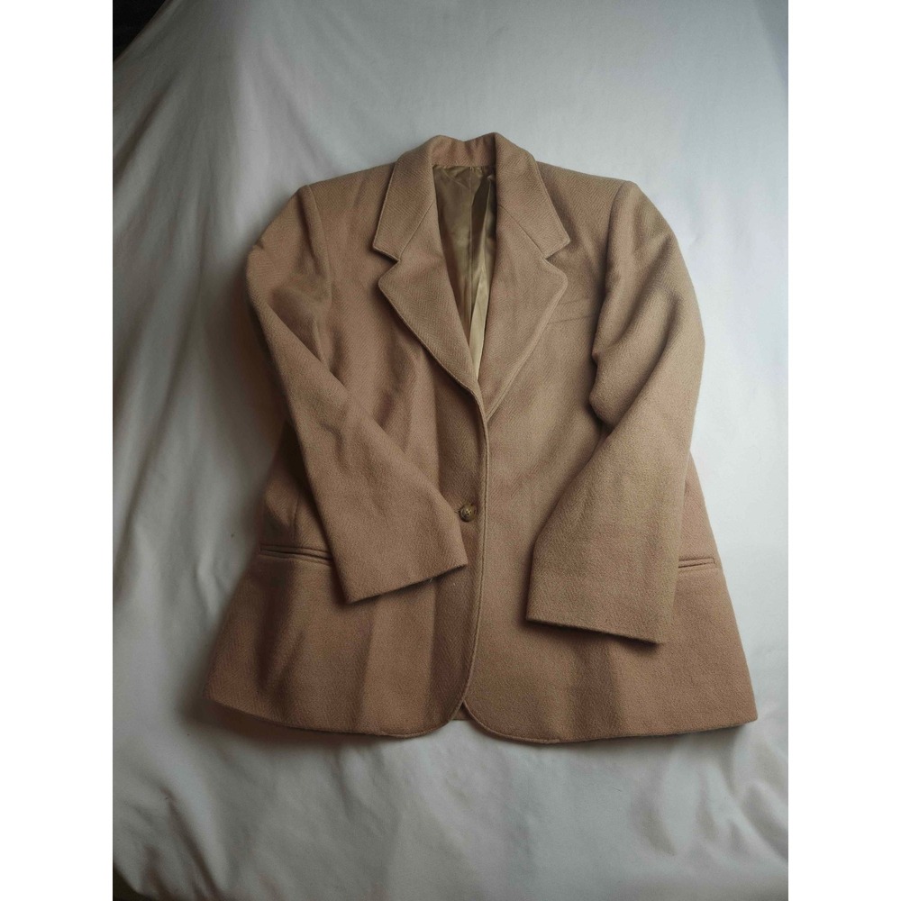 Womens‎ Vintage 100% Wool Blazer Tan Beige Petite Size 12 Single Button